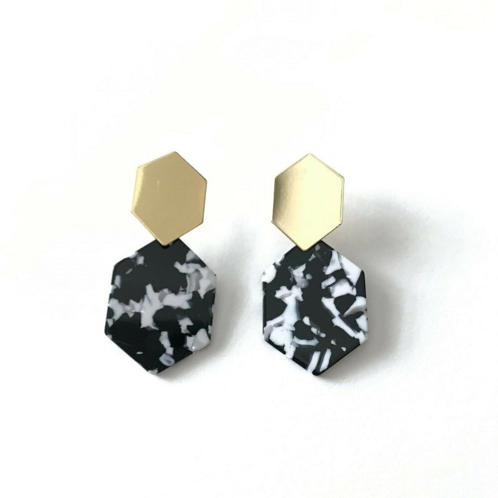 Claudette Resin‎ Drop Earrings Gold Black White Hexagon